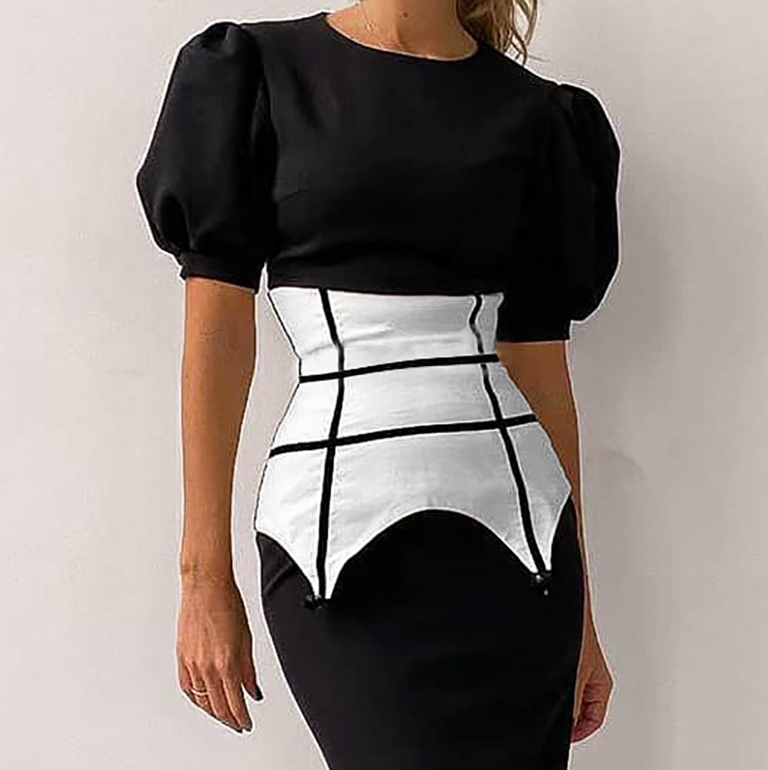 2025 popular summer new round neck short-sleeved temperament commuting tight high waist bubble sleeve dress women's hip skirt