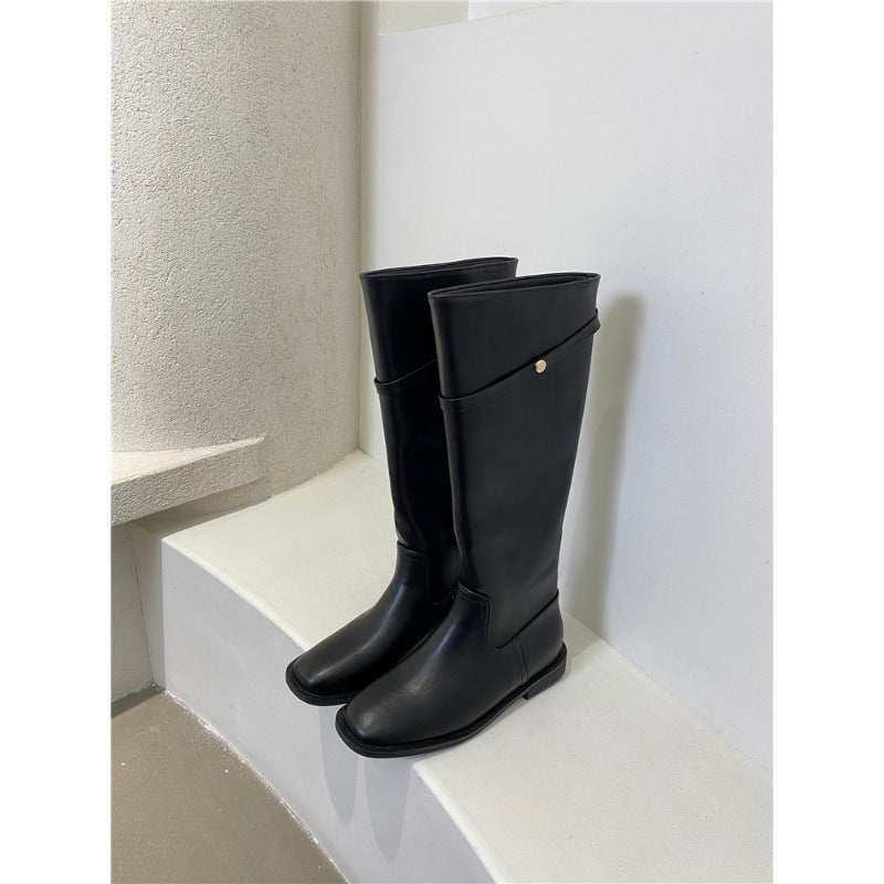 2025 South Korea Dongdaemun high boots women's boots autumn and winter new big tube circumference retro small gold buckle knee knight boots