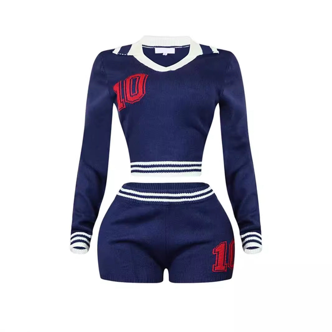 popular New new autumn college style lapel girl contrasting color elastic long-sleeved top shorts suit women