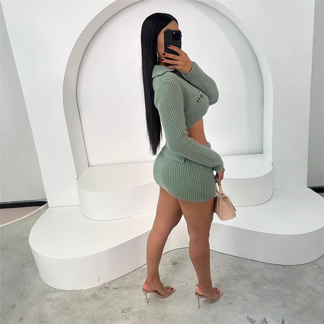 popular autumn new New slim-fit Spice Girls long-sleeved short jacket top hip-wrapped short skirt solid color suit