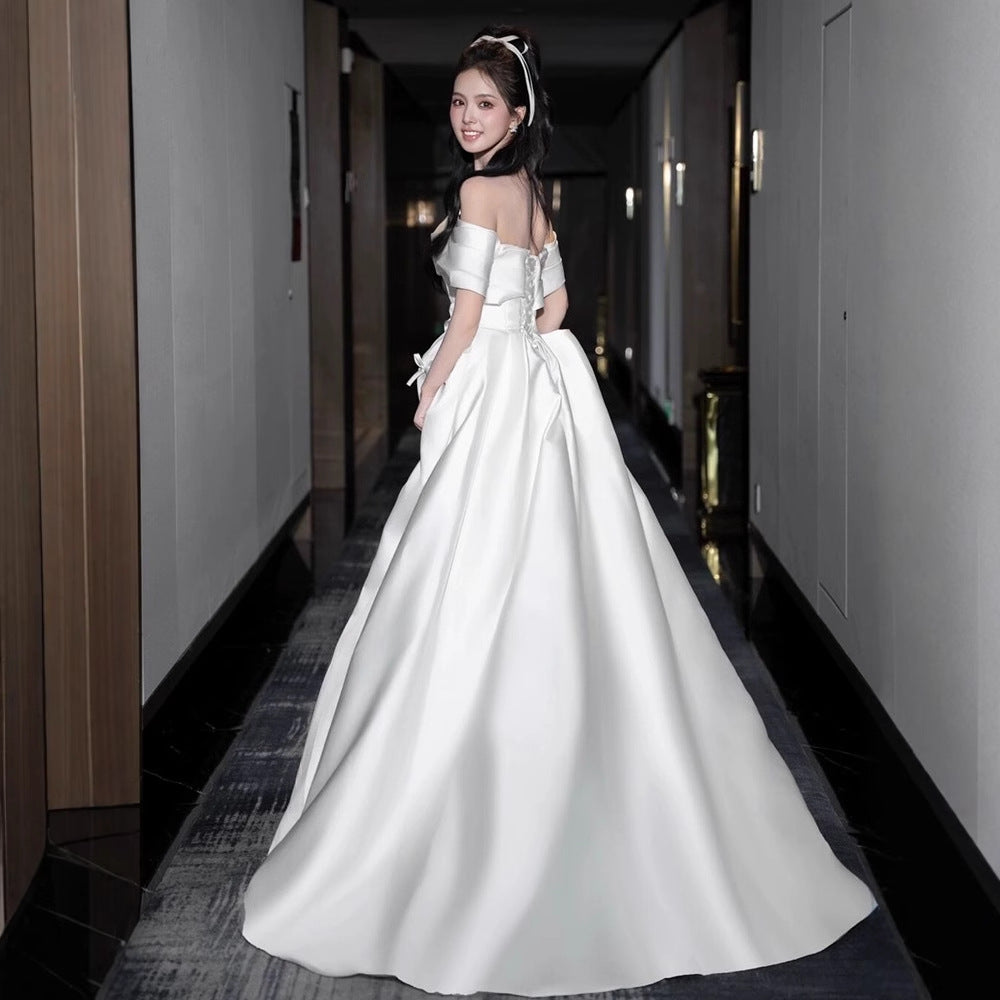 2025 satin light wedding dress bride engagement certificate registration one-word shoulder dress simple daily bow small white dress