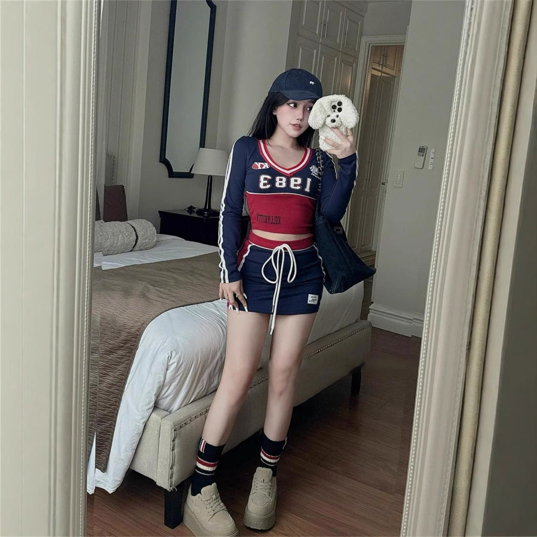 popular autumn new New slim-fit fashion printing contrasting colors Spice Girl long-sleeved top lace-up short skirt set