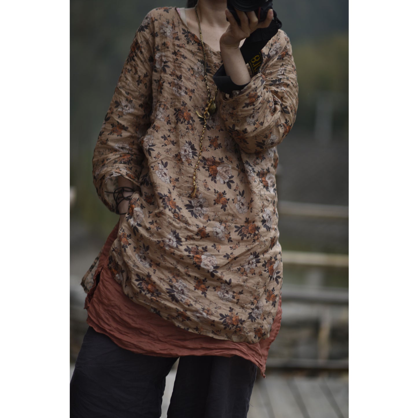 2025 23/4/Tea Ancient/Spring and Summer Literary Retro Ramie Printed Crew Neck Pullover Shoulder Medium Long Shirt