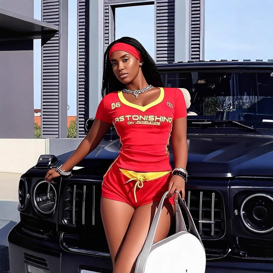 spring new New slim-fit sexy Spice Girls printed short-sleeved V-neck top lace-up shorts set