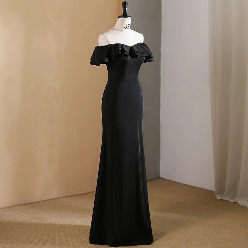 2025 One-word shoulder black piano evening dress new high-end high-end light luxury niche temperament banquet adult ceremony