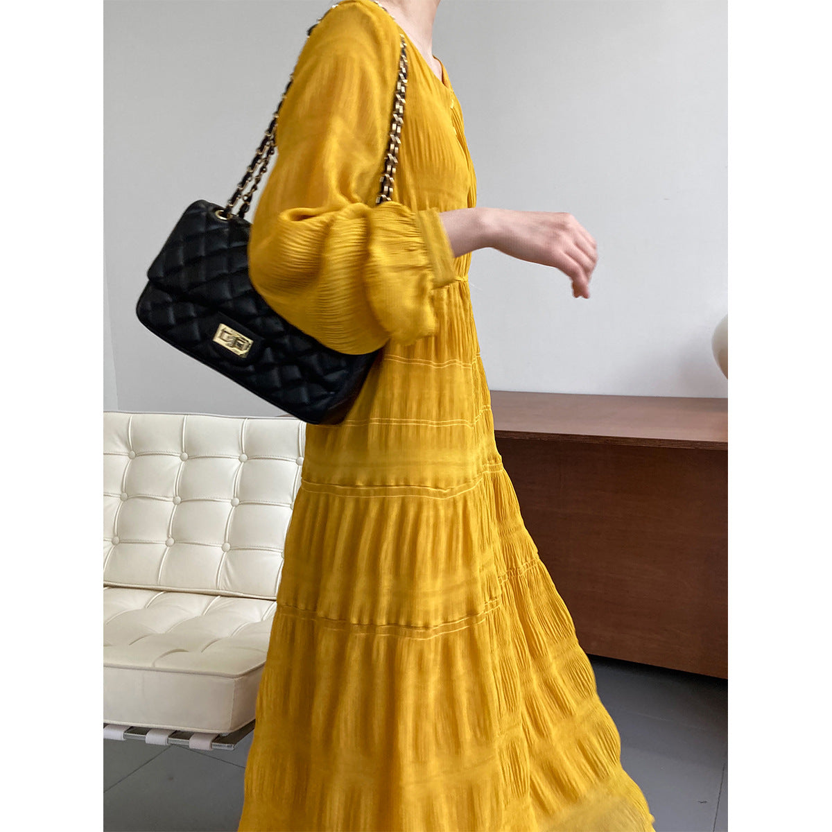Luxi women's new pleated dress Korean waist chiffon long-sleeved fairy dress 3686