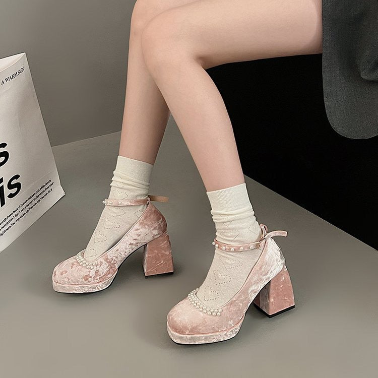 2025 Pink princess Mary Jane shoes women's popular spring new waterproof table super high heels thick heel pearl velvet single shoes
