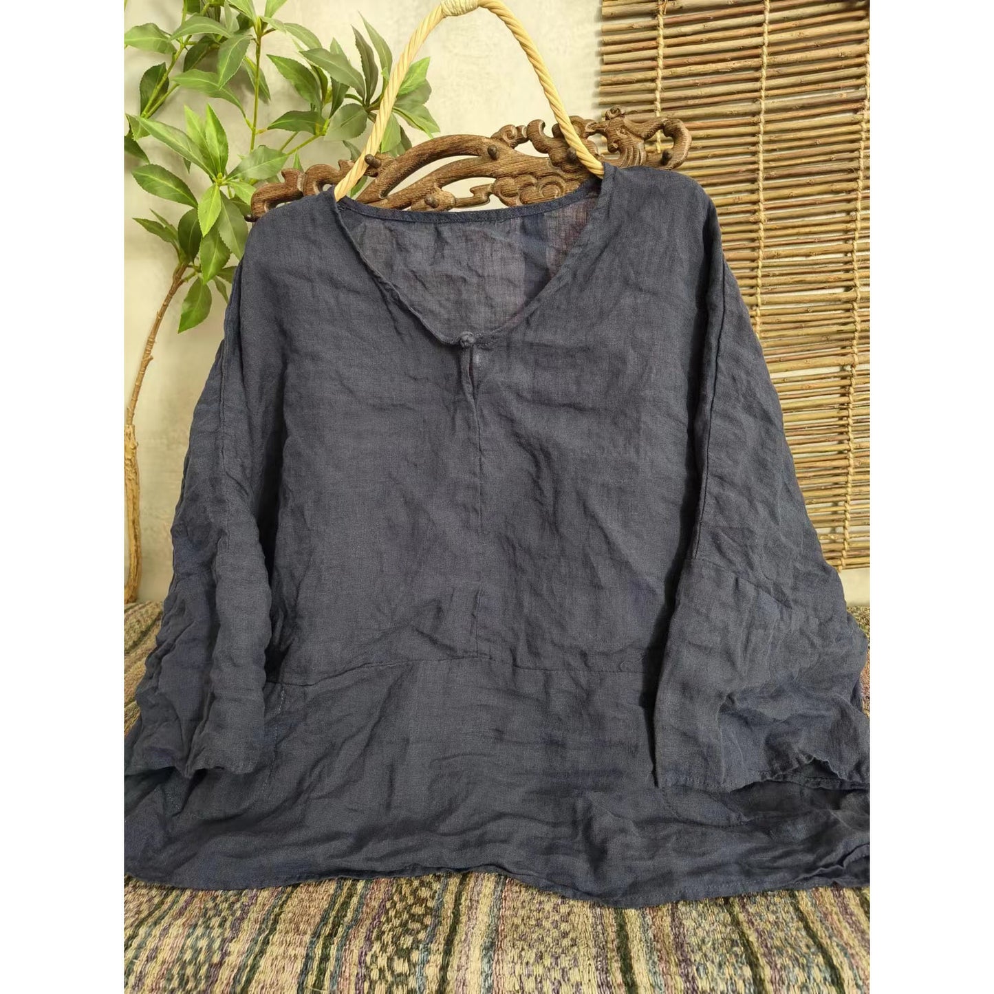 2025 23/4 In the same year, spring and summer literary and retro linen loose seven-quarter-sleeved shoulder pullover