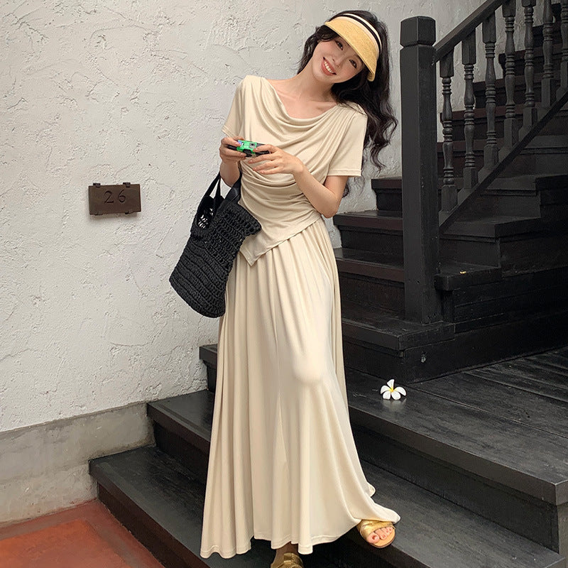 2025 spring and summer temperament knitted swing collar short sleeves + high waist skirt two-piece suit female 89261