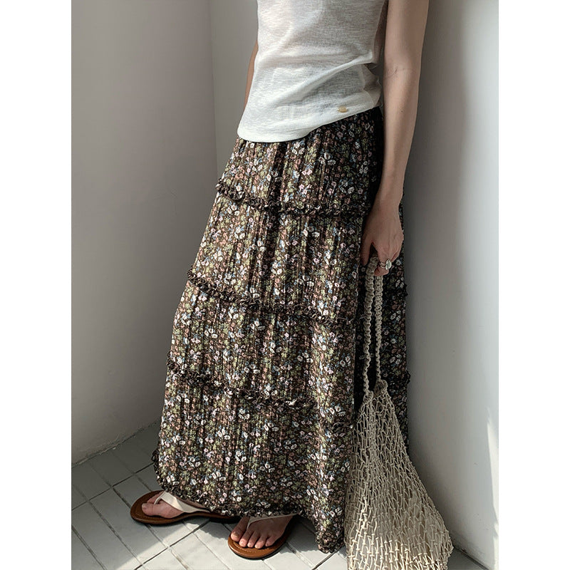 2025 THE MIND Tencel floral skirt 2025 summer new gentle wind high waist thin A-shaped skirt 011AX