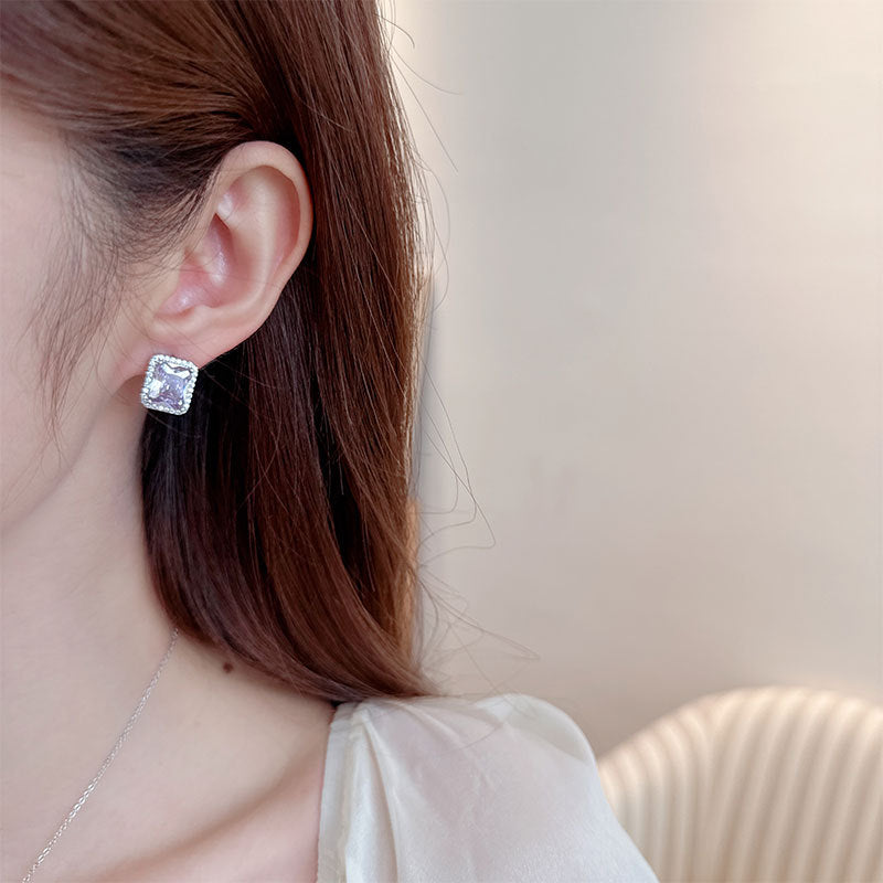 2025 Summer new niche high-end earrings necklace inlaid with square zircon collarbone chain simple square stud earrings set