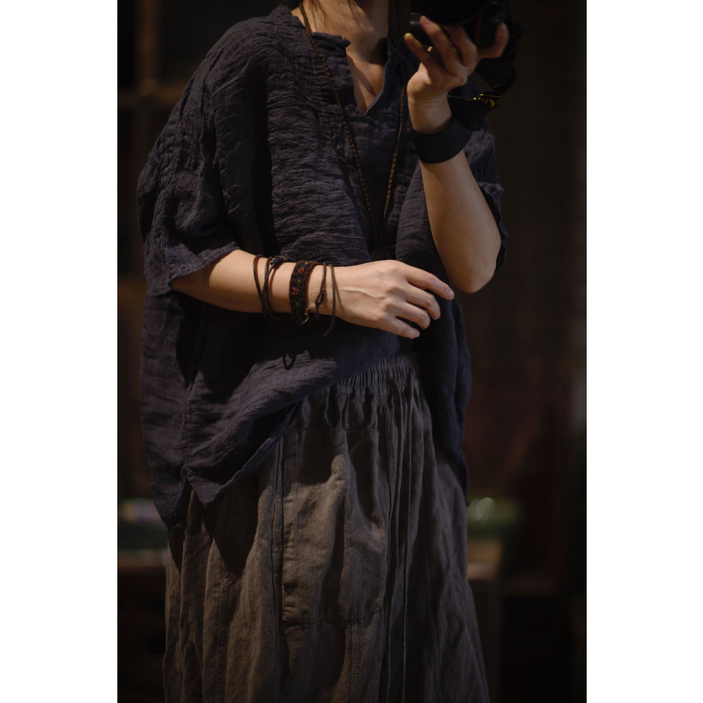 2025 23/6 Movie/Literary and retro texture yarn-dyed linen pullover stand-up collar buckle loose shoulder shirt
