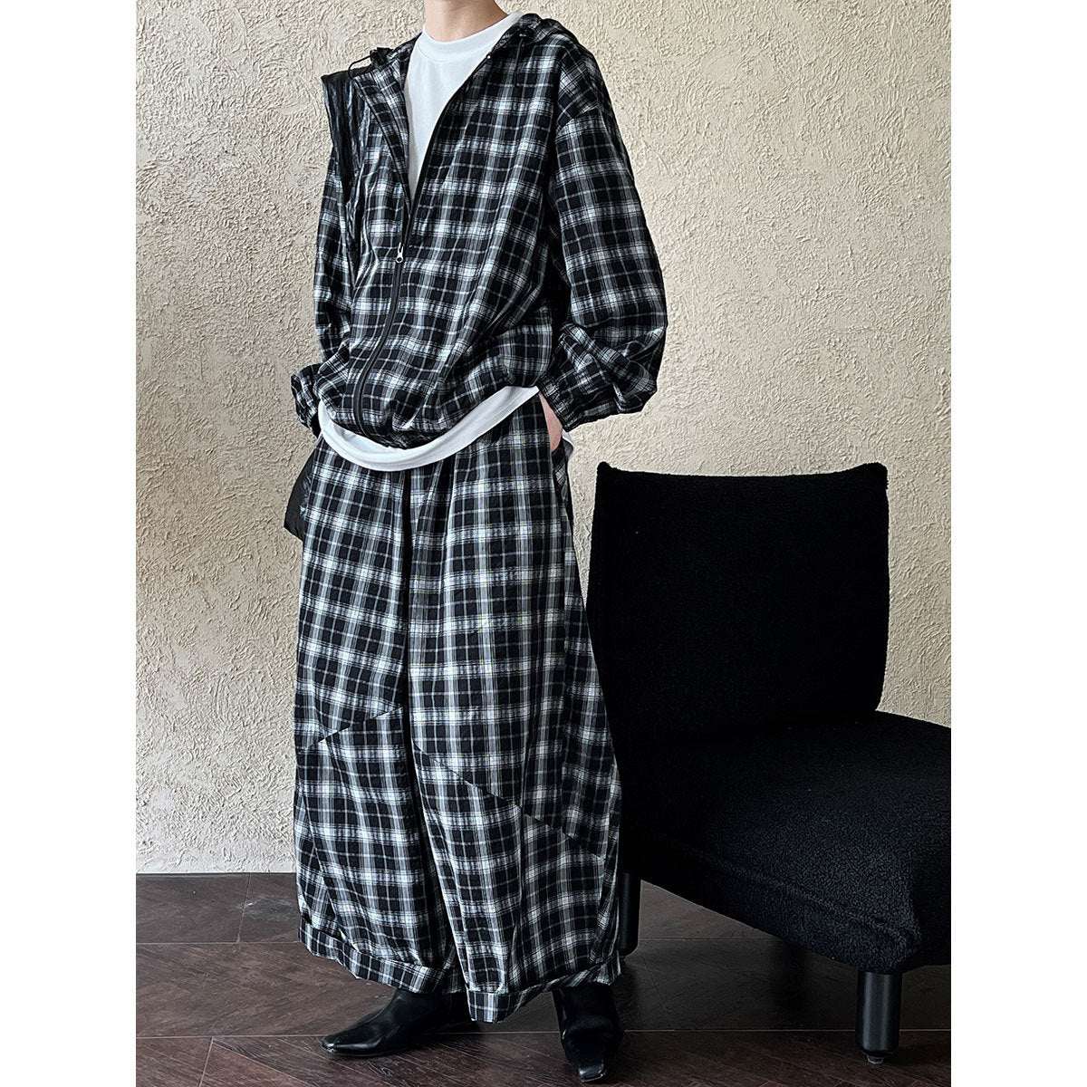 Luxi, retro contrasting color plaid jacket women's popular autumn new long-sleeved loose drawstring hooded top 3990