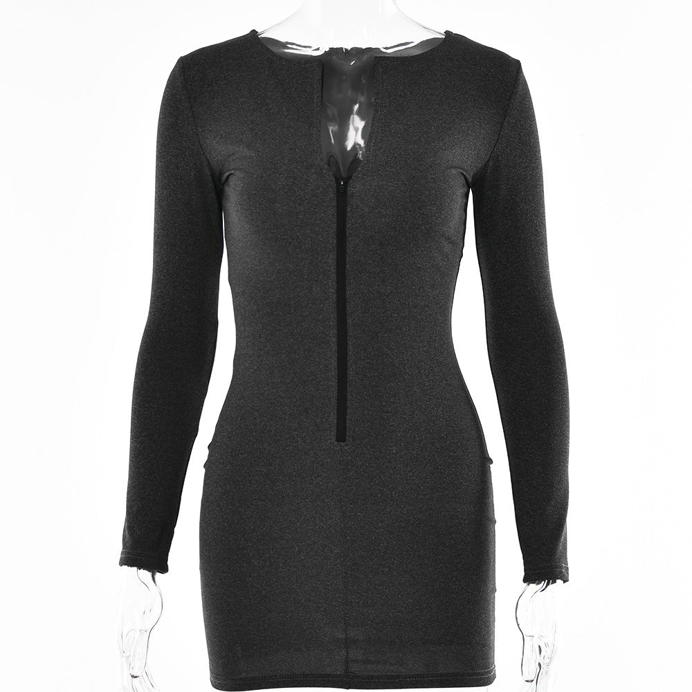 2025 New women's clothing summer new sexy tight-fitting V-neck long-sleeved solid-color Spice Girl dress