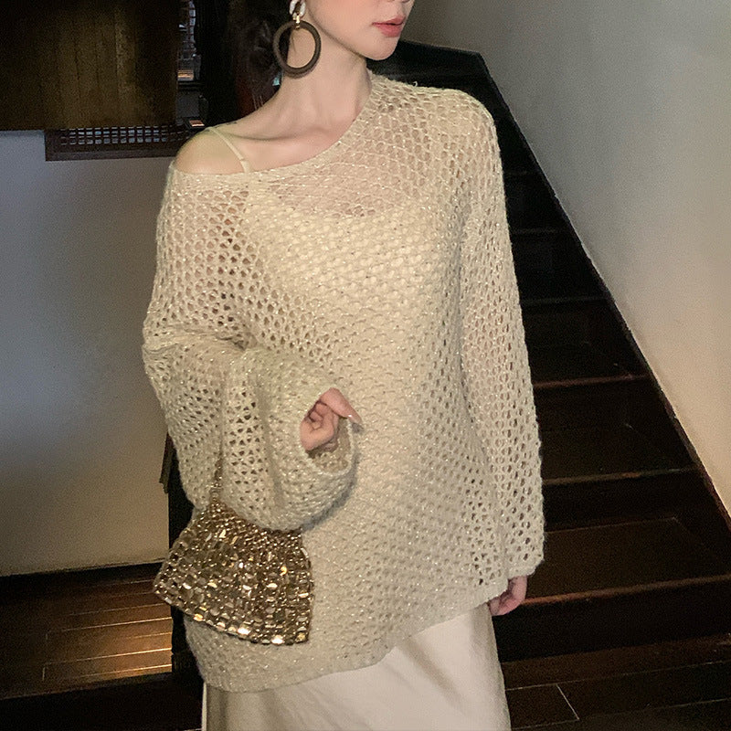 2025 popular autumn loose long-sleeved hollow knitted sweater women's top oversize sweater 25064