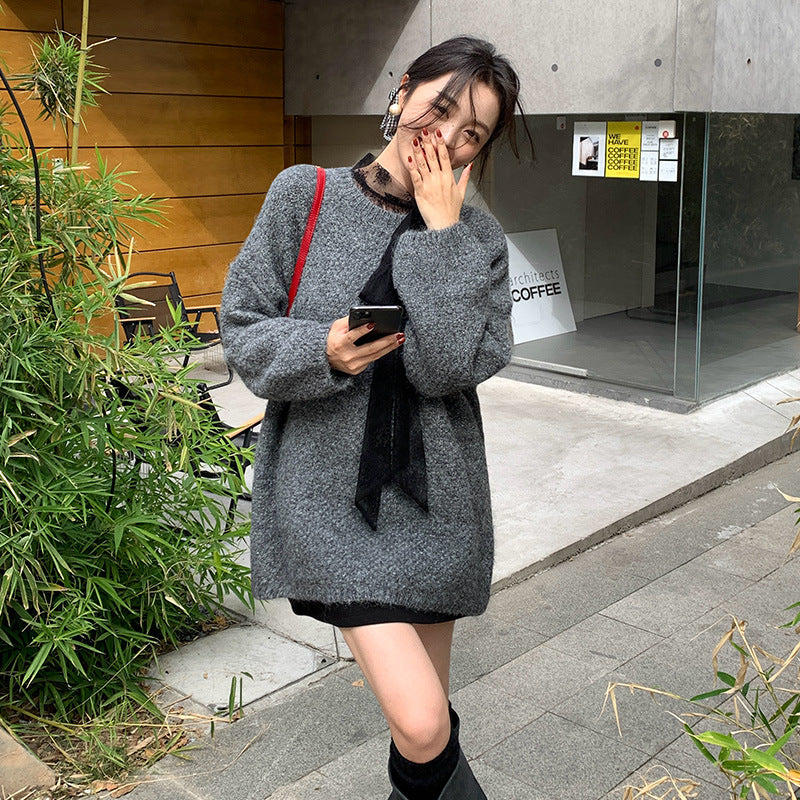 2025 popular autumn and winter loose long-sleeved temperament wool long-sleeved solid color knitted sweater sweater women 25193