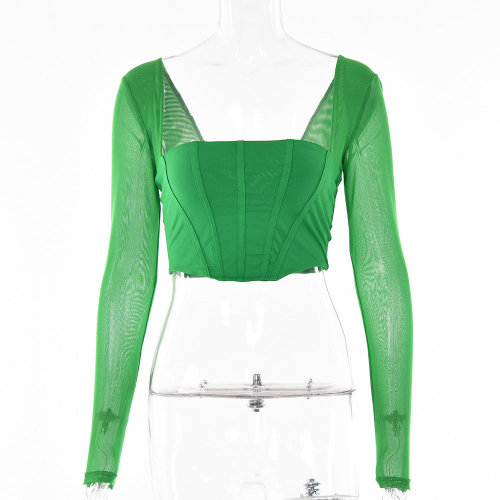 2025 eBay hot-selling summer Spice Girls new square collar solid color T-shirt backless long-sleeved zipper top women