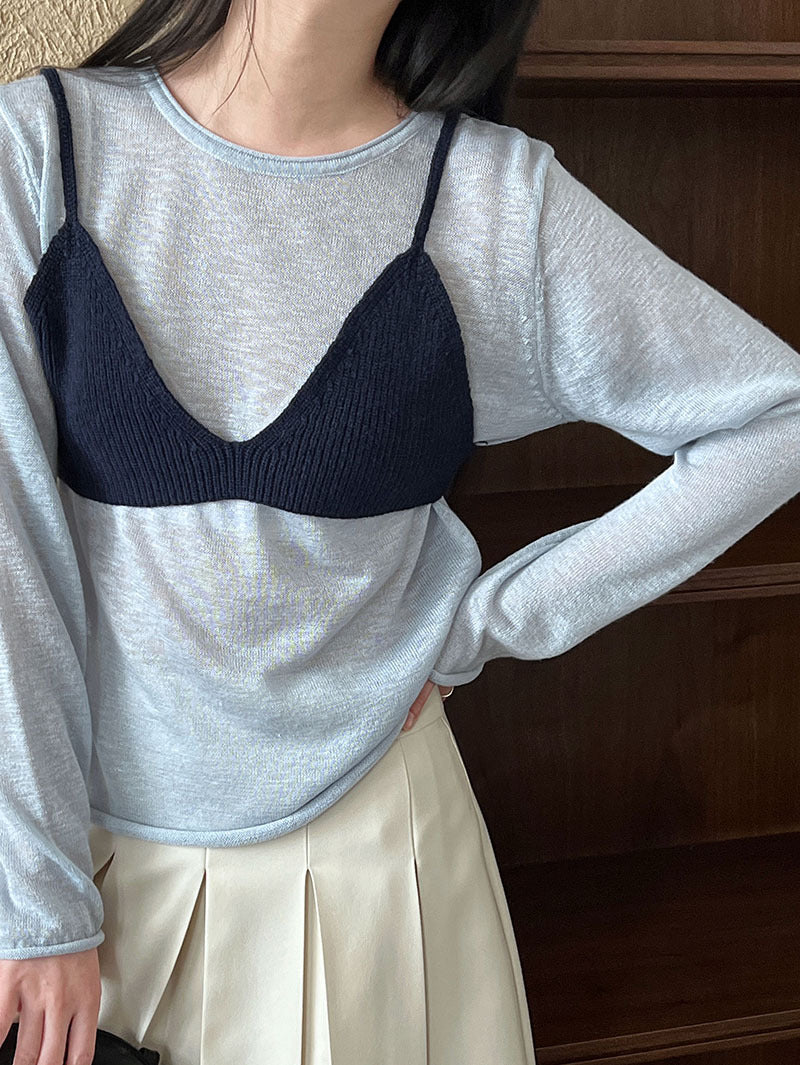 Luxi Korean sling vest + crew neck knitted sweater set for women's spring new contrasting colors stacked two-piece set ss708