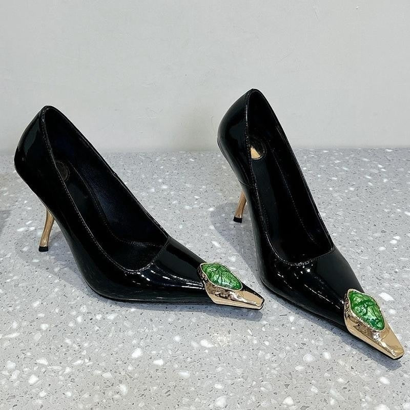 2025 Poplar forest same style royal sister high heels women's thin heels 2025 early spring metal small square head sexy gemstone beautiful single shoes