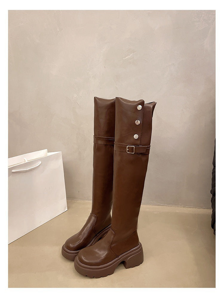 2025 Thick heel platform boots women's spring and autumn popular new Maillard knee boots slim versatile knight boots tide