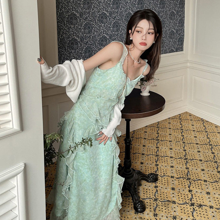 2025 Super fairy gentle green field rose floral dress travel skirt women's medium and long 2025 spring and summer new suspender dress