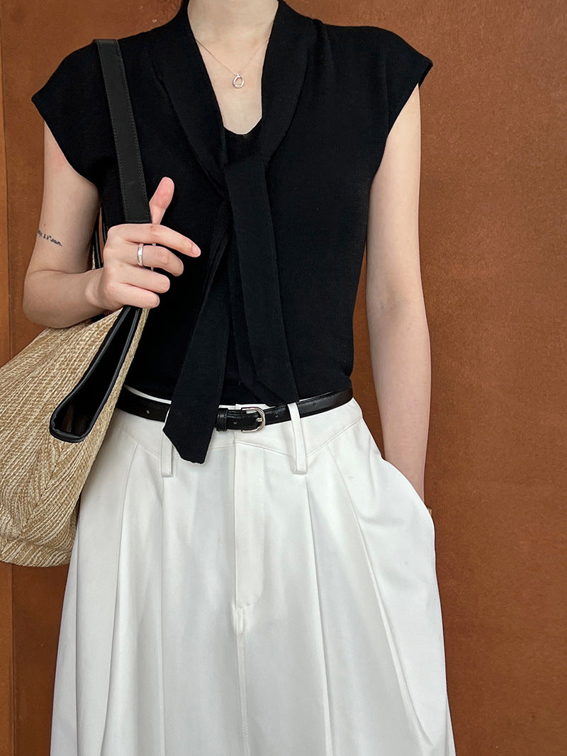 Luxi, Korean version of the design with shawl V-neck short-sleeved T-shirt knitted sweater women's popular autumn shirt top ss552