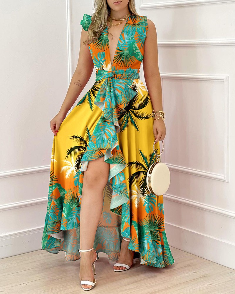XIANGTUIBAO popular New Popular trade wish summer temperament commuting high waist design sense new coconut tree print jumpsuit