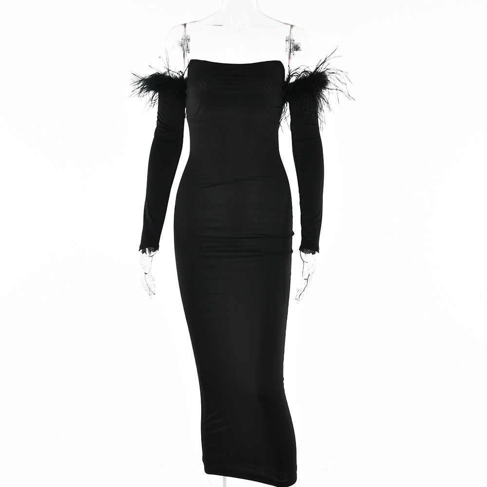 2025 New sexy women's clothing one-word collar tight dress autumn new fashion hot-selling backless long-sleeved dress