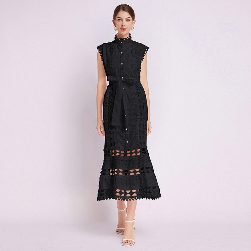 temperament high sense stand collar hollow embroidered lace splicing sleeveless waist thin elegant dress
