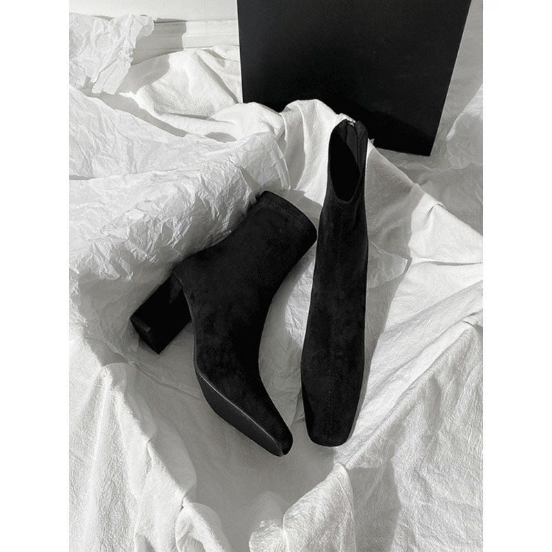 2025 Brown short boots women's high heels autumn and winter new suede rear zipper small ankle boots thick heel elastic square head thin boots