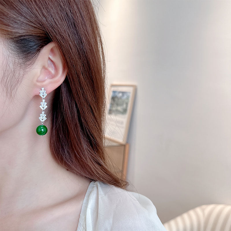2025 Guofeng new Chinese retro green agate earrings long fringed zircon exquisite high-end light luxury S925 silver needle earrings