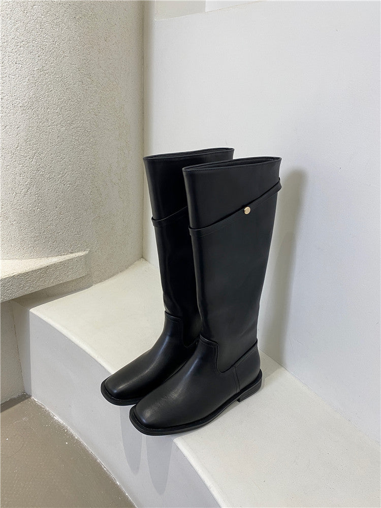 2025 South Korea Dongdaemun high boots women's boots autumn and winter new big tube circumference retro small gold buckle knee knight boots