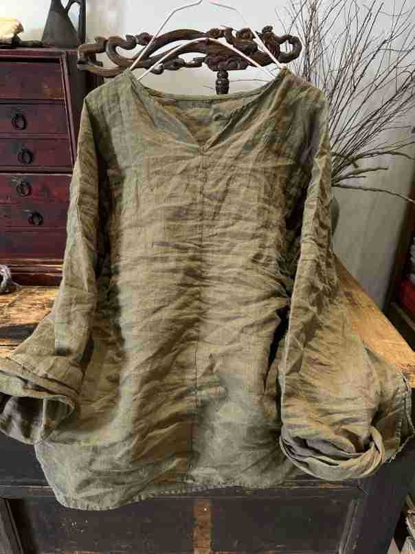 2025 22/12 Winter Solstice/Early Spring Simple Literary Thick Ramie Pullover Solid Color Shoulder Shirt