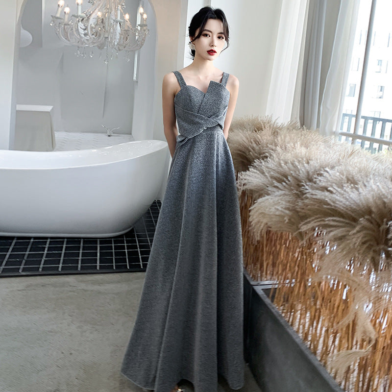 2025 Black evening dress women's new banquet noble and elegant temperament annual meeting long host dress looks thin