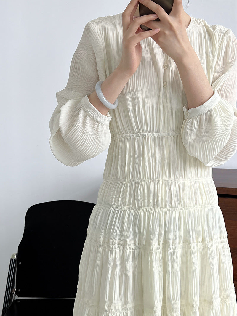 Luxi women's new pleated dress Korean waist chiffon long-sleeved fairy dress 3686