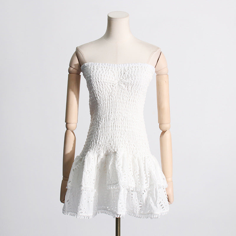 2025 Summer New European and American Sexy Hot Girl Style Elastic Waist Tube Top Embroidered Ruffled Short Dress Women