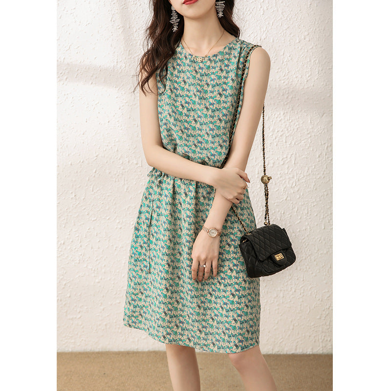 2025 Bingqin green high-end mulberry silk lace-up dress summer silk skirt sleeveless vest skirt medium and long