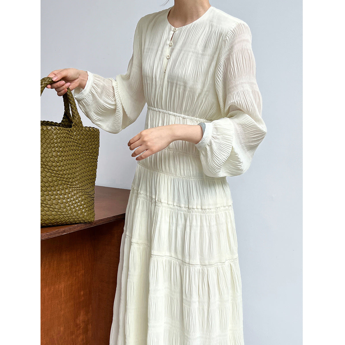 Luxi women's new pleated dress Korean waist chiffon long-sleeved fairy dress 3686