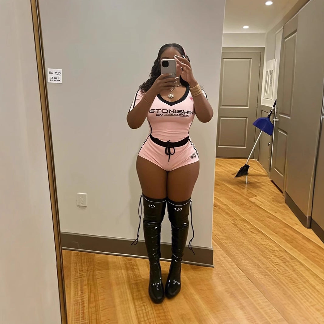 spring new New slim-fit sexy Spice Girls printed short-sleeved V-neck top lace-up shorts set