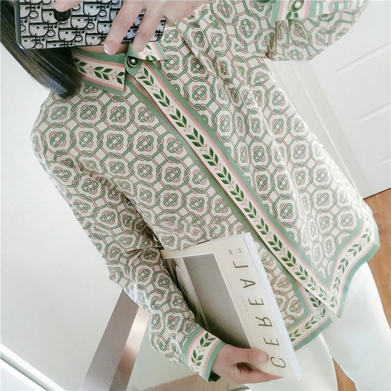 2025 Dark green gold buckle chain printing heavy silk shirt women's long-sleeved mulberry silk shirt summer new women's clothing