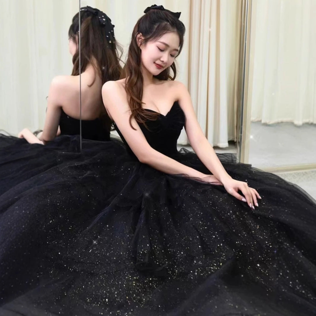 2025 Black tube top velvet high-end evening dress light luxury niche birthday party performance host princess tutu spring