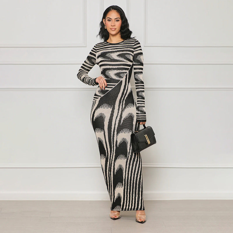 XIANGTUIBAO Popular trade women's clothing new, irregular printing sexy slim-fitting waist-wrapped hip-wrapped tight long-sleeved dress