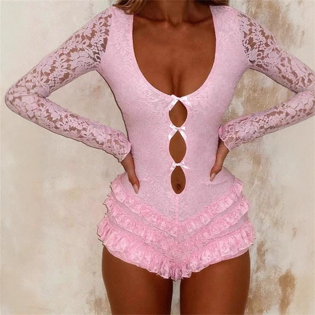 Autumn new New solid color low-necked slim-fitting girl sexy lace hollow splicing jumpsuit jumpsuit