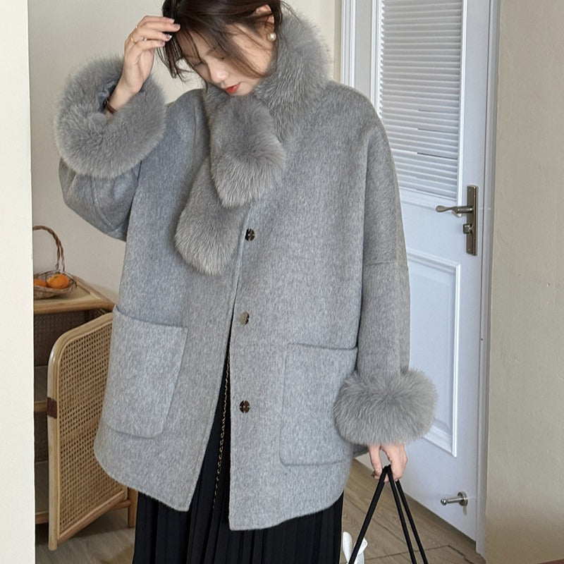 2025 Fox hair high-end temperament double-sided wool jacket woolen coat women's new autumn and winter Mao Mao new autumn and winter