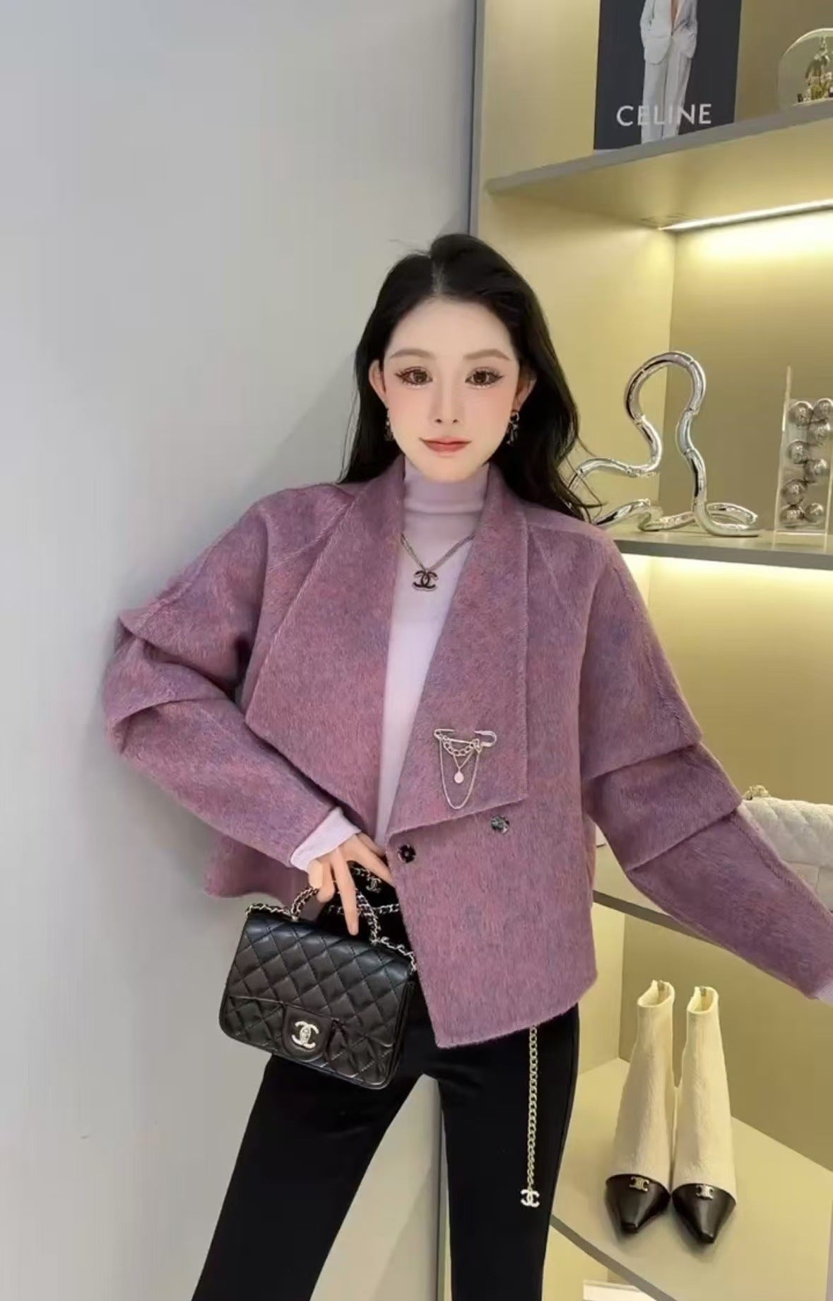 2025 Mulberry silk rabbit hair wool suit collar shoulder sleeve single-breasted double-sided wool coat woolen jacket to keep warm in autumn and winter