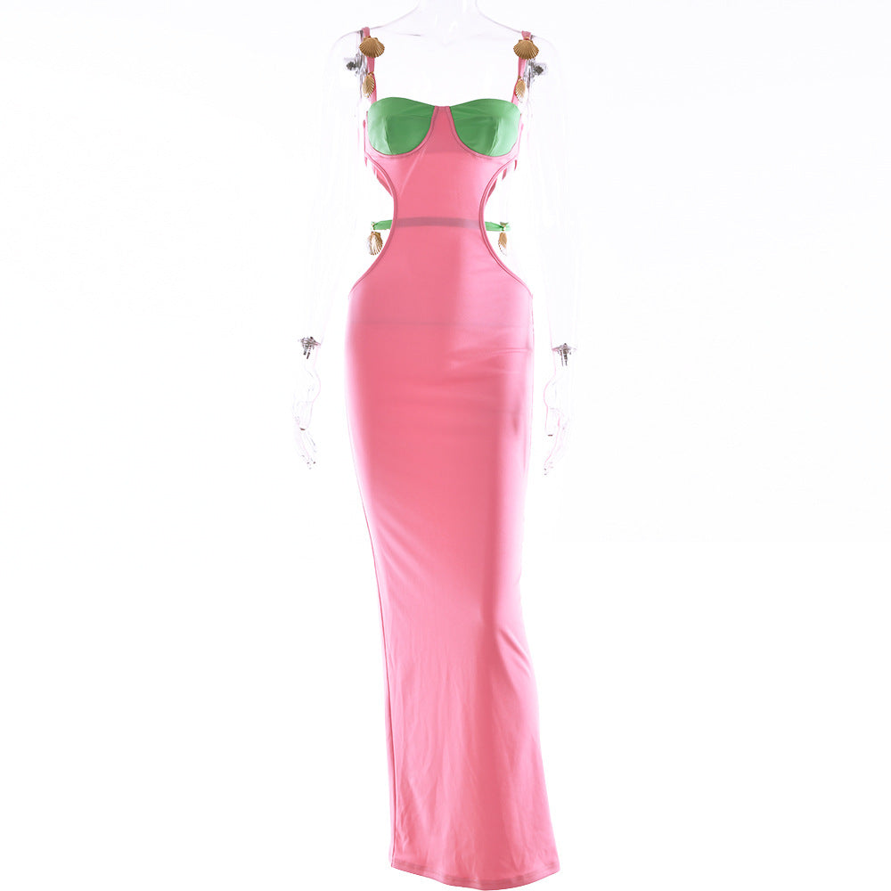 2025 's new contrasting color splicing suspender backless A-word skirt, a hot-selling sexy waist split dress for women in autumn