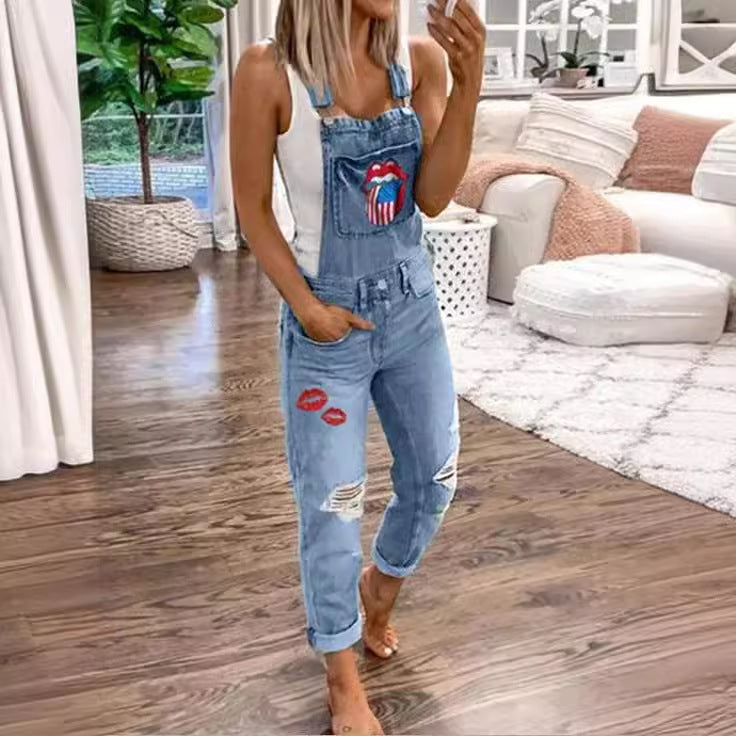 xiangtuibao Suspender Trousers for Women HOTan and NEWn New Wish Hot Sale Hot-Selling Floral-Print Washed Jeans
