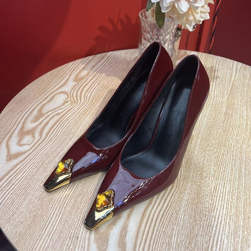 2025 Poplar forest same style royal sister high heels women's thin heels 2025 early spring metal small square head sexy gemstone beautiful single shoes