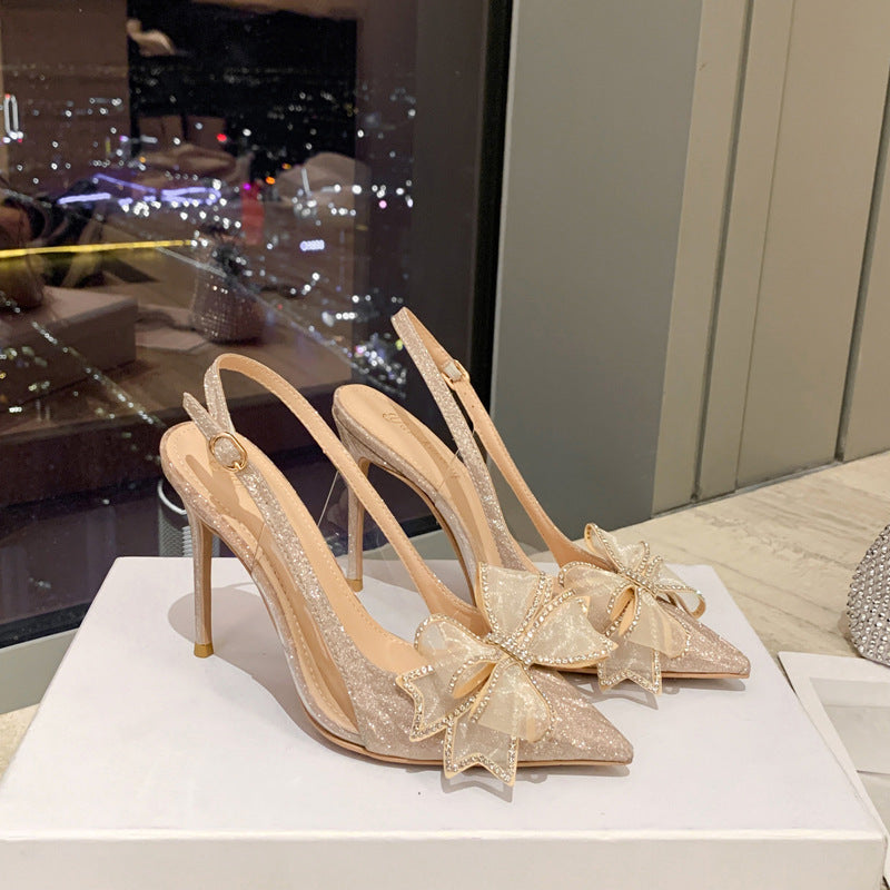 XIANGTUIBAO New Stiletto Heel Pointed Bridal Wedding Shoes Shiny Rhinestone Bow Closed Toe Back Empty Silicon Sealant High Heels Sandals