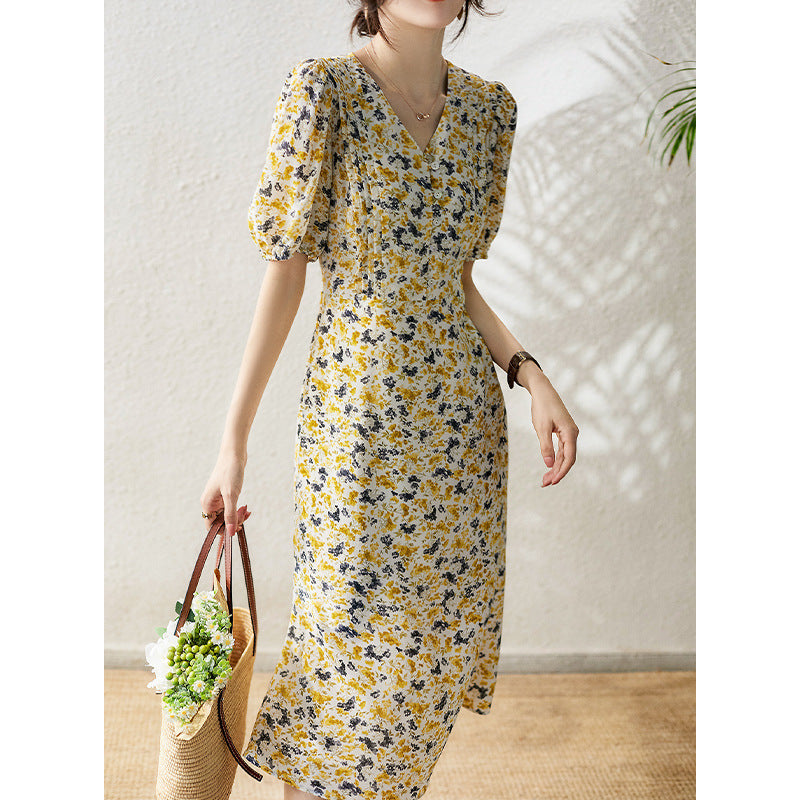 2025 Bubble sleeve silk dress, small fresh floral mulberry silk long skirt summer new lisianthus skirt